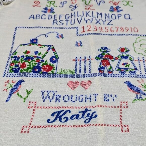 Vintage Fun Frills Doris Brosk Baby Girl Dress Sampler KATY Folk Alphabet Smock - Picture 2 of 3